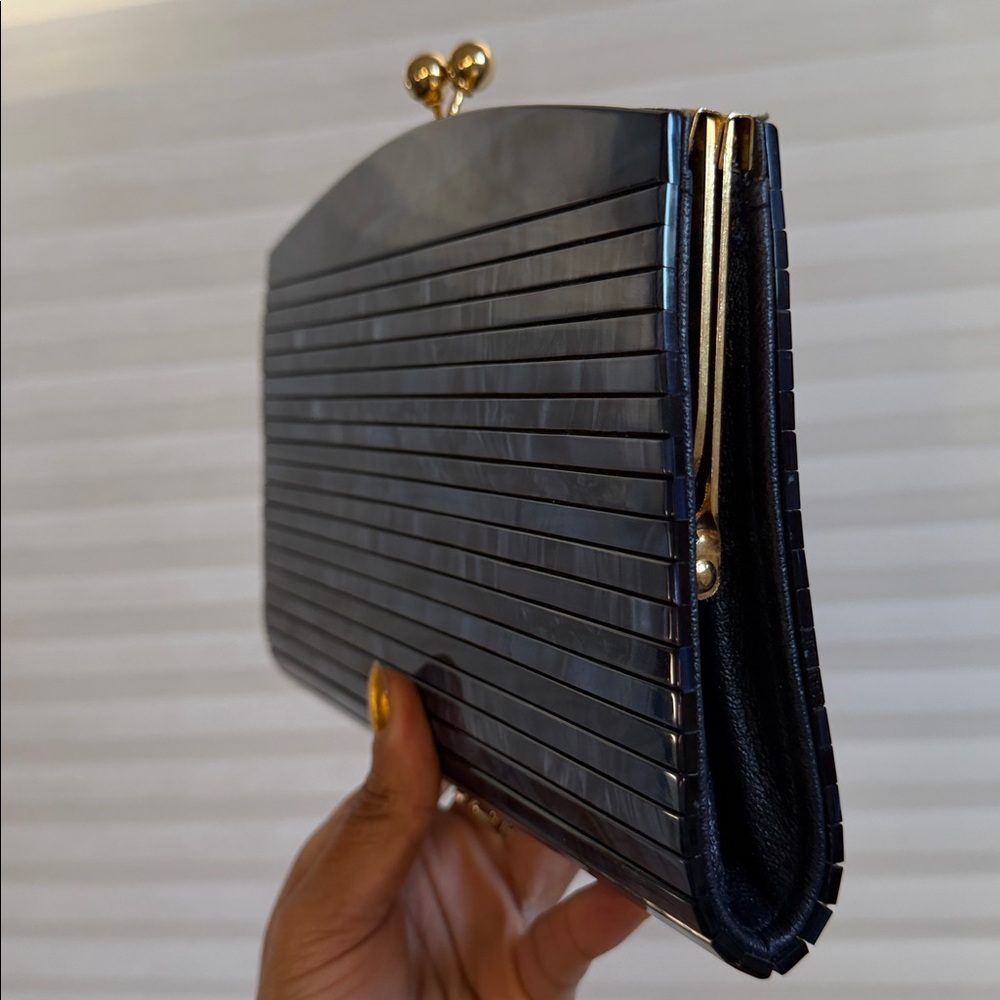 Vintage Blue Lucite Clutch Mother of Pearl Effect Hard Case Evening Bag - Picture 9 of 15